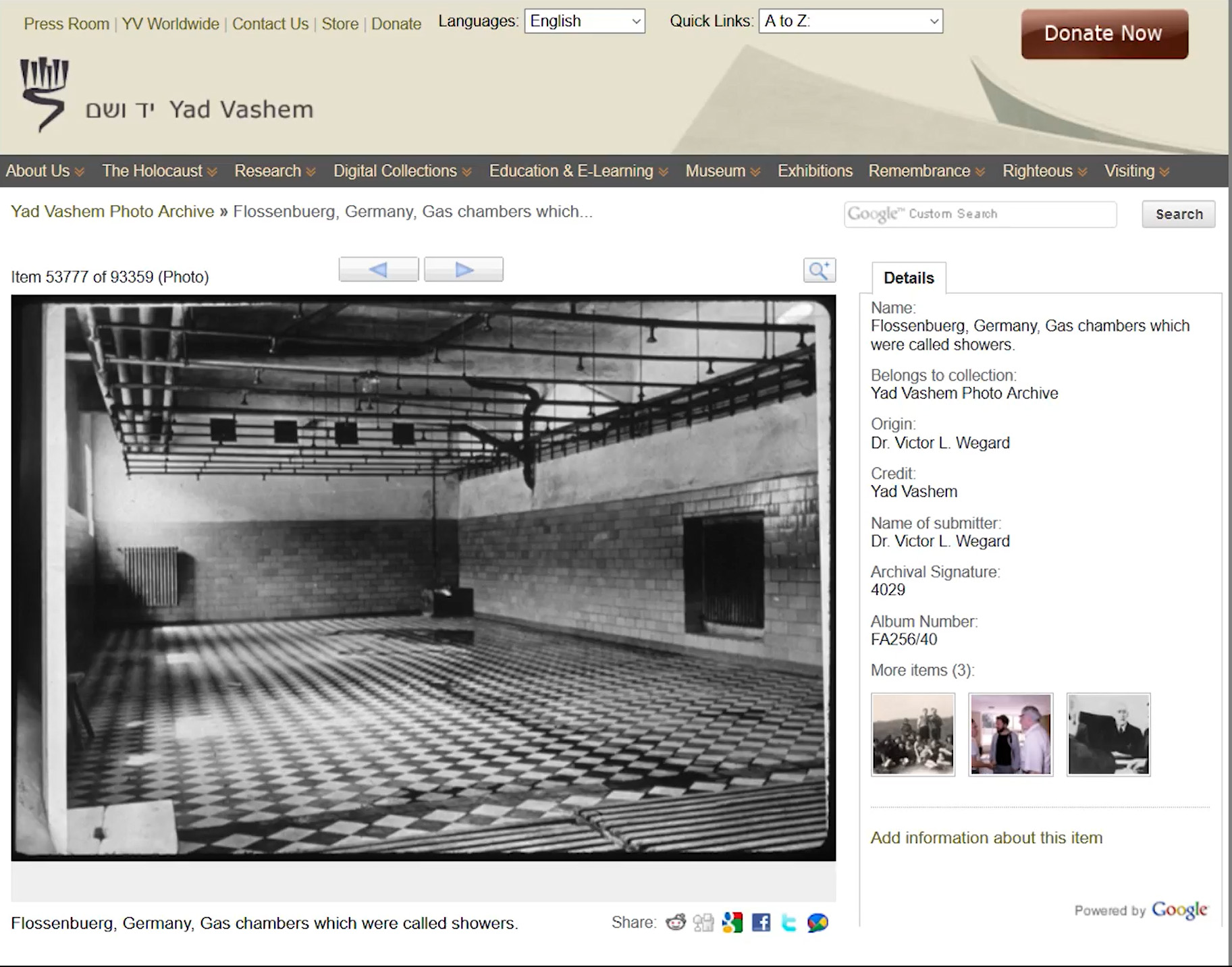 Flossenburg, inmate shower room, miscaptioned as gas chamber on Yad Vashem website